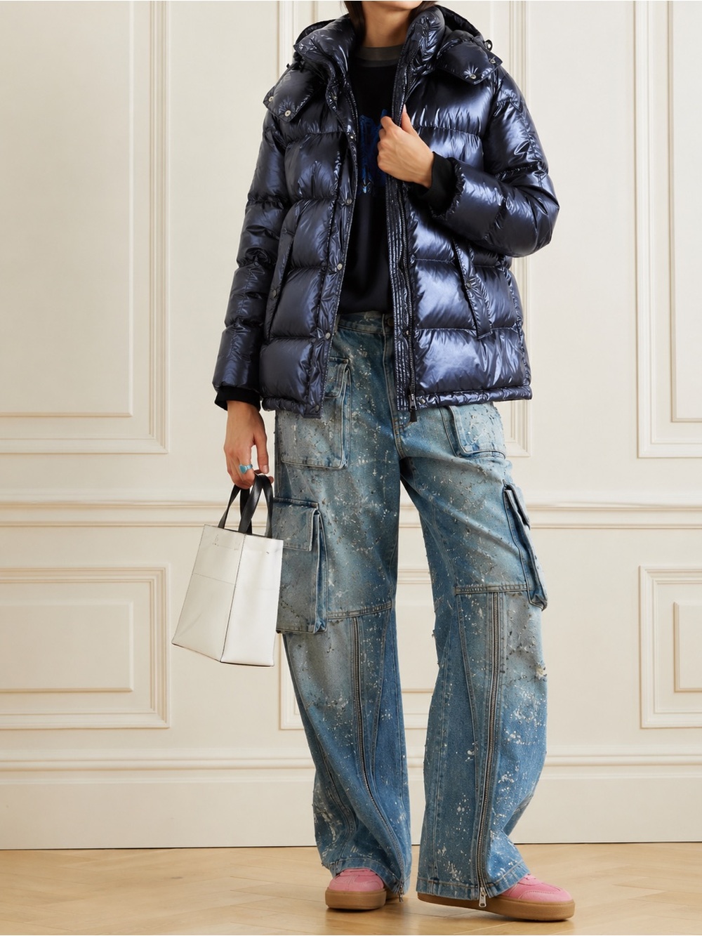 S13 Kylie Metallic Blue Hooded Down Puffer Jacket XXL Space